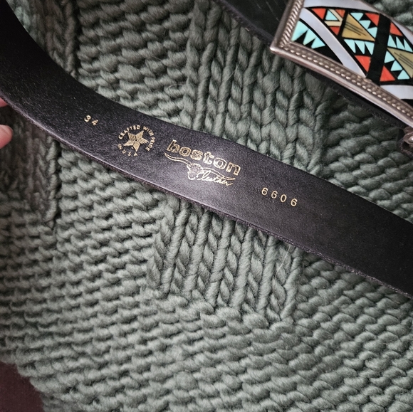 Vintage Zuni Inlay Stone and Sterling Silver 3x2 Buckle and Leather Belt - Picture 4 of 11